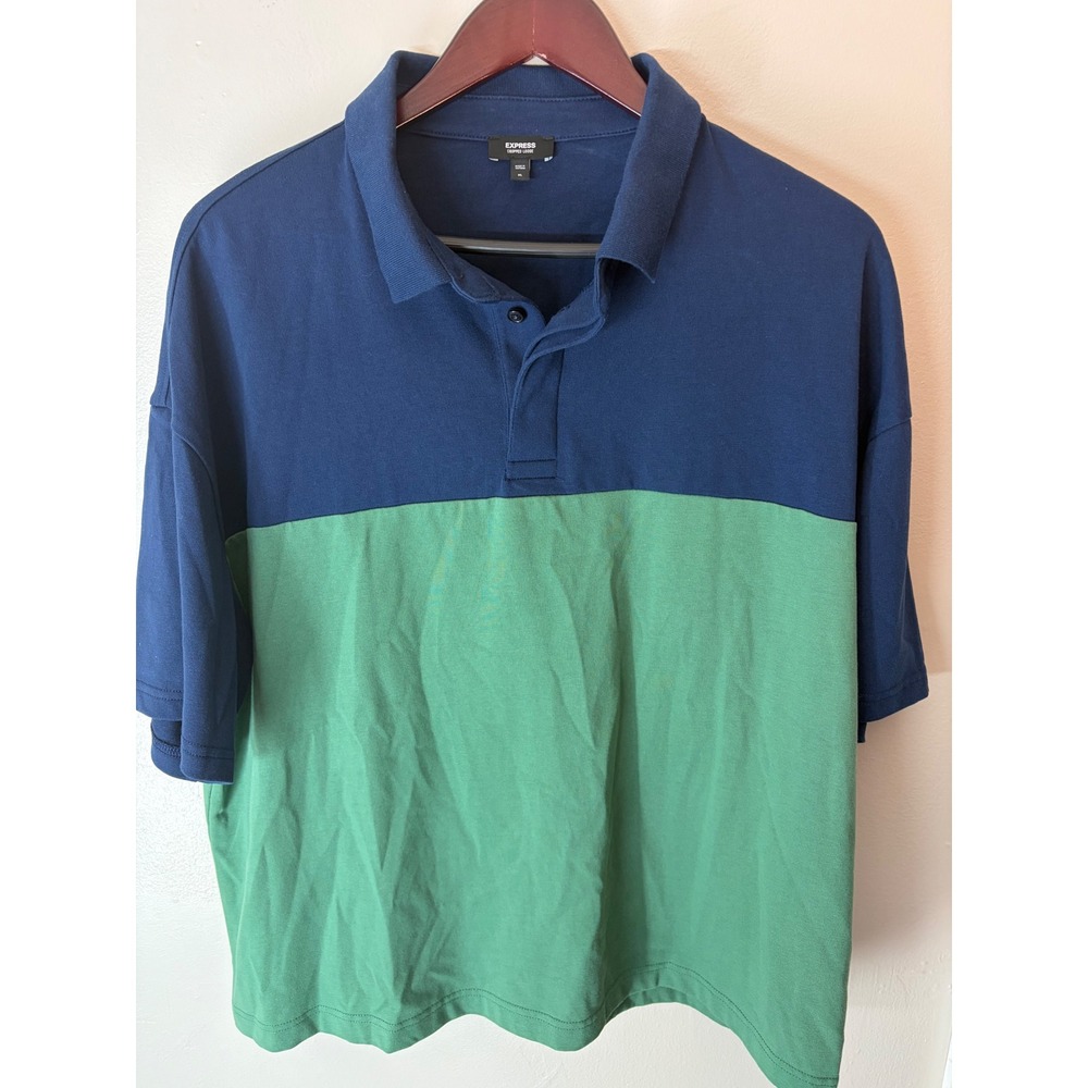 Express Cropped Loose Mens XL Polo Shirt Color Block Navy Green Short Sleeve